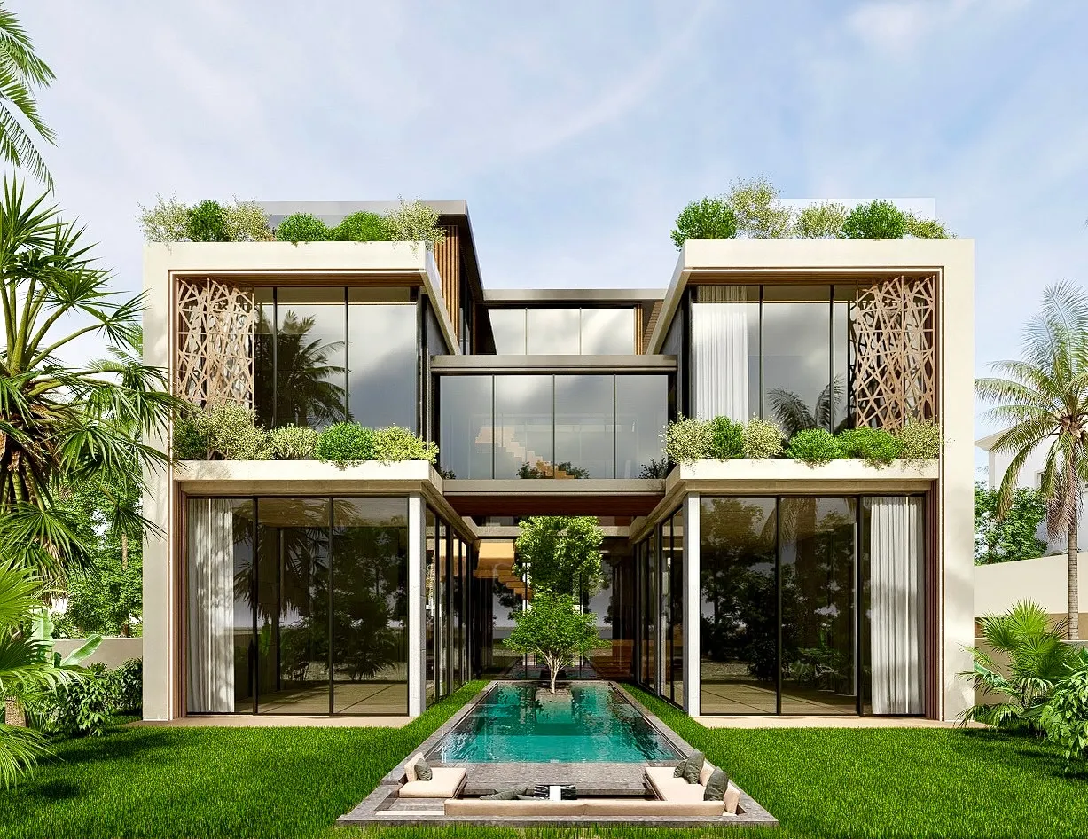 A sleek modern villa featuring a sparkling pool surrounded by a vibrant green lawn, showcasing a serene outdoor space.