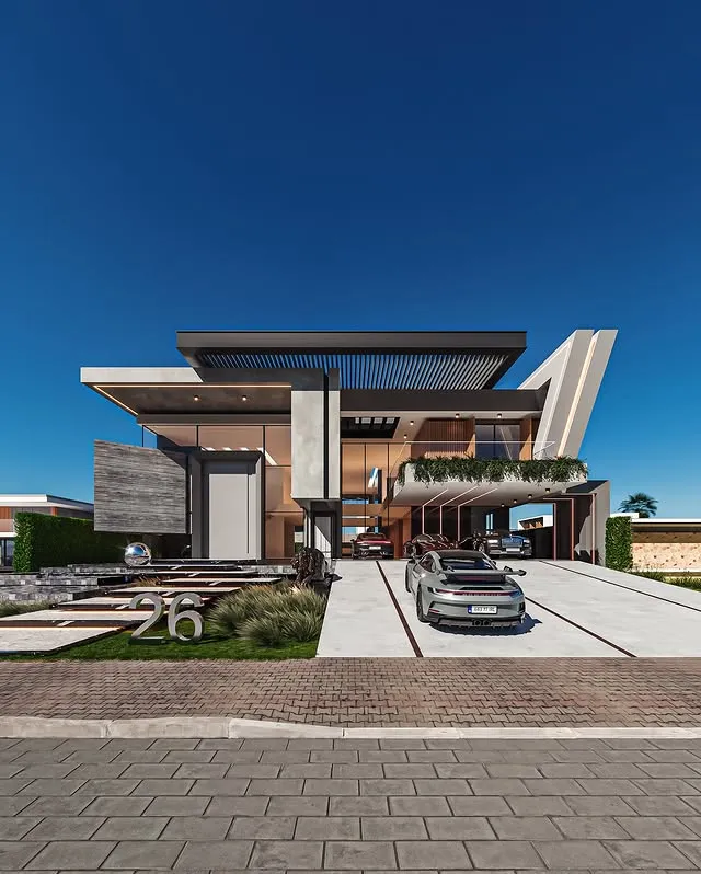 A sleek modern house with large windows and a car parked in the driveway, showcasing contemporary architecture.