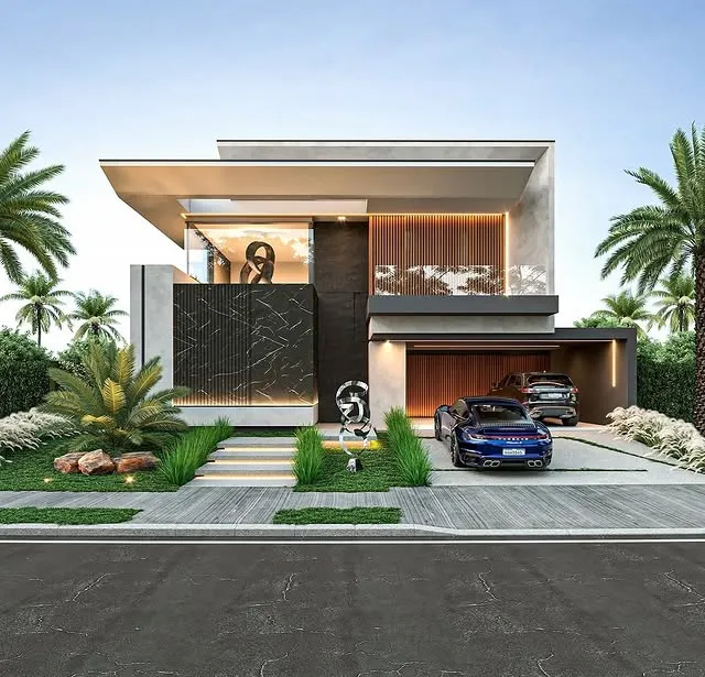 A sleek modern house with large windows and a car parked in the driveway, showcasing contemporary architecture.
