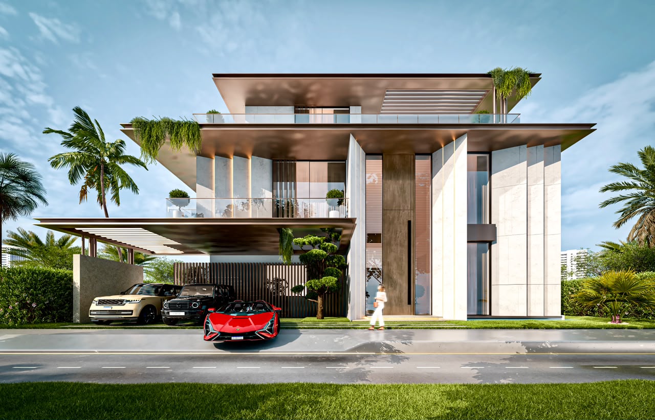  A sleek modern house with large windows and two cars parked in the driveway, showcasing contemporary design and style.