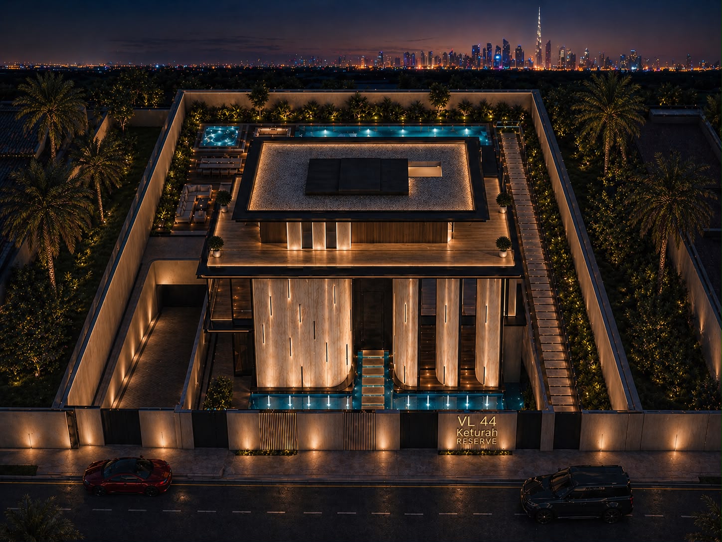 A sleek modern villa featuring a sparkling pool surrounded by a vibrant green lawn, showcasing a serene outdoor space.