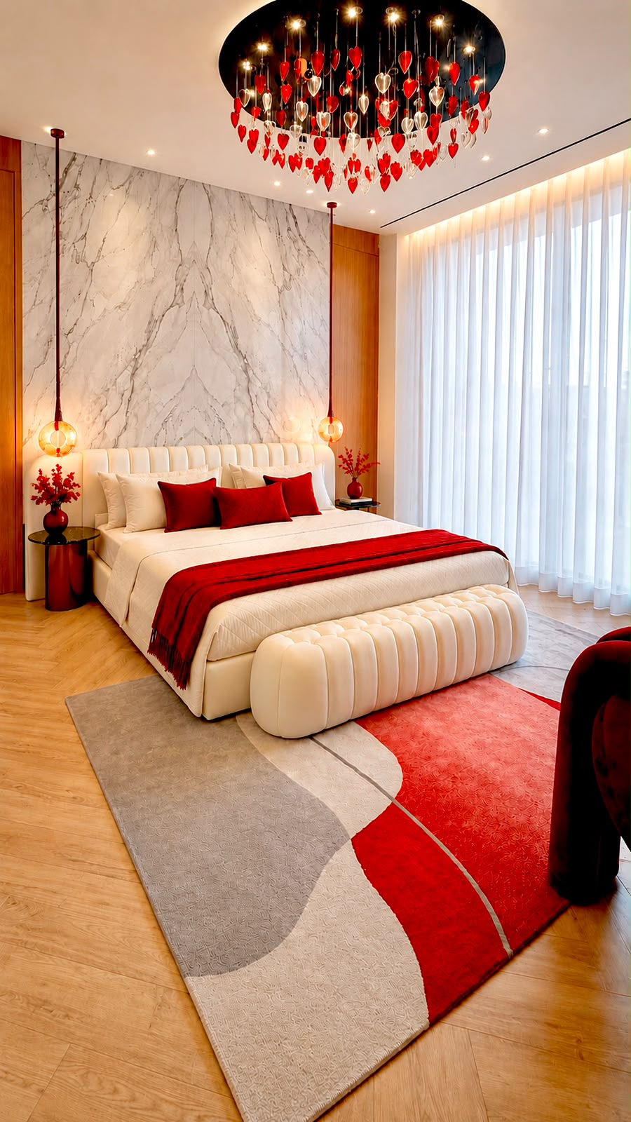 Modern bedroom featuring warm wooden paneling and bright white walls, creating a cozy and inviting atmosphere.